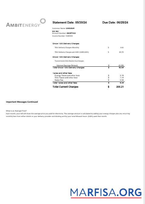 Realistic USA Ambit Energy business utility bill Word and PDF template 3 page